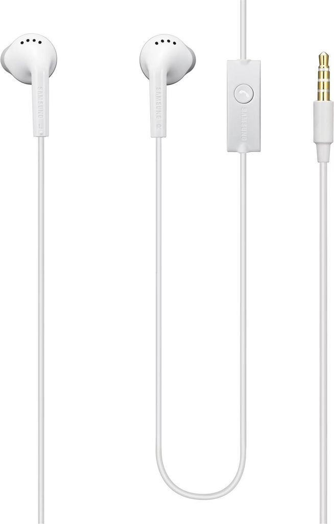 A pair of white Samsung EHS61ASFWE headphones with a white cable and a white inline remote control.