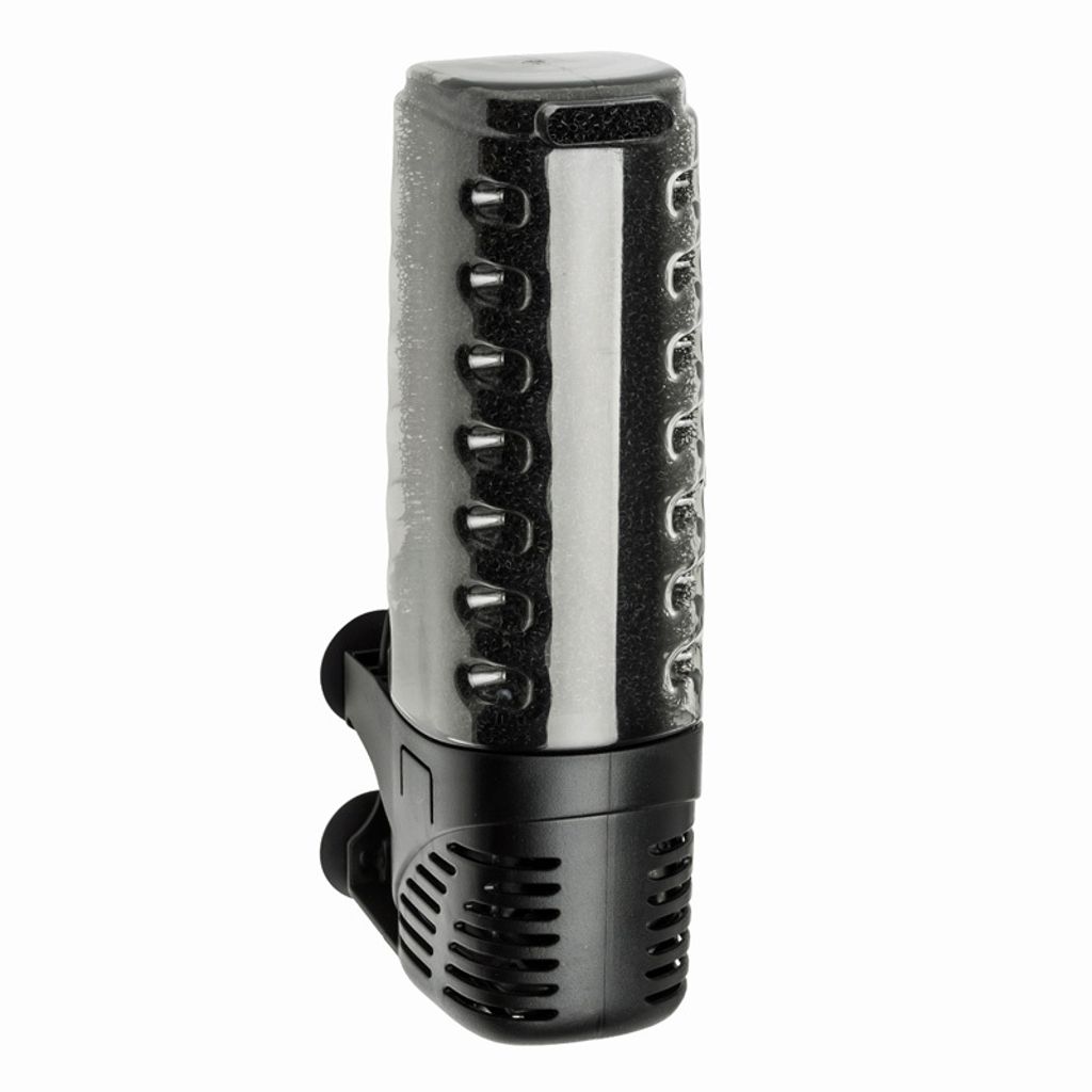 A black and gray aquarium filter is shown against a white background.