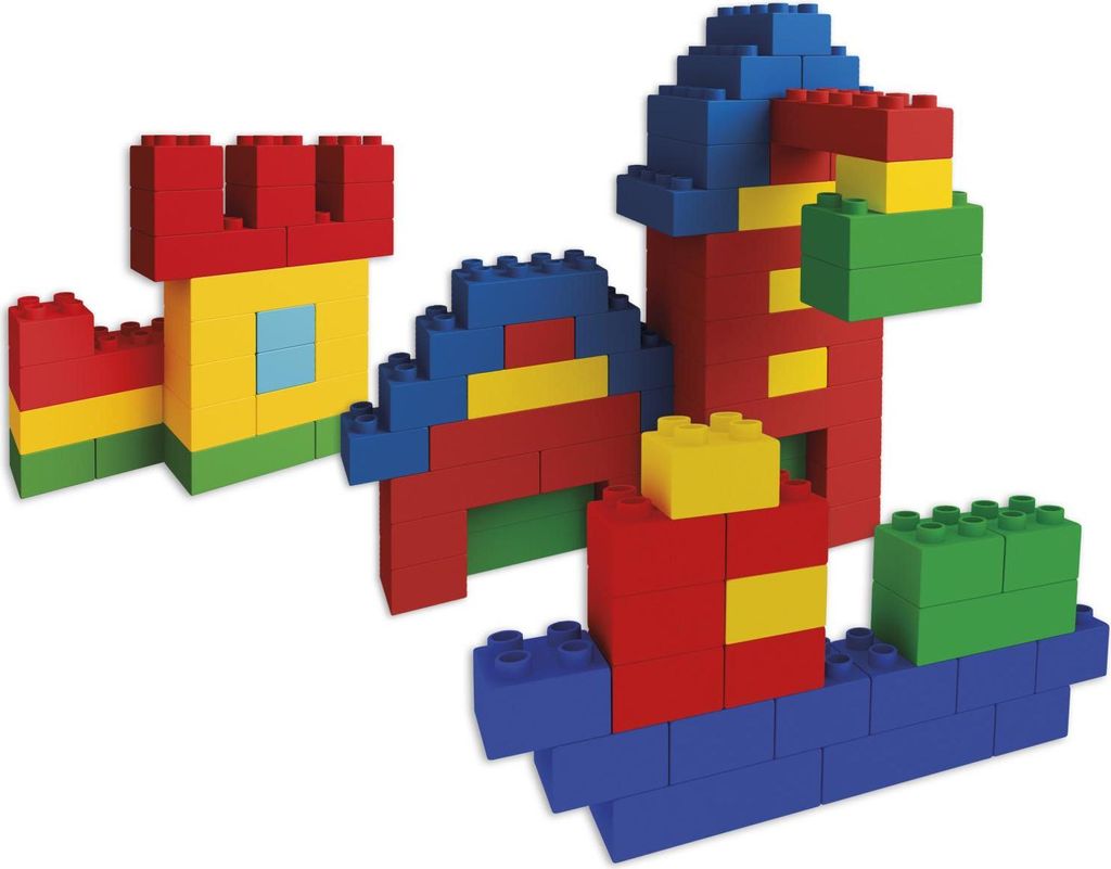 A collection of colorful building blocks arranged to form several structures.