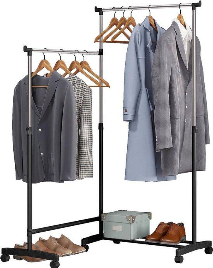 Kleiderständer mit Rädern & Schuhrek - Höhenverstellbar - 2 Kleiderstangen - L-förmig oder Rechteckig - Wandschrank für Kleidung & Schuhe - F...