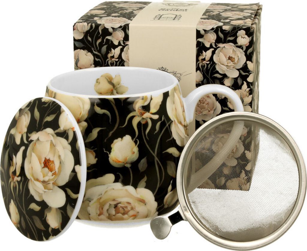 DUO FLORAL Fassbecher 430 ml ENGLISH ROSES BLACK mit Teesieb, New Bone China Porzellan