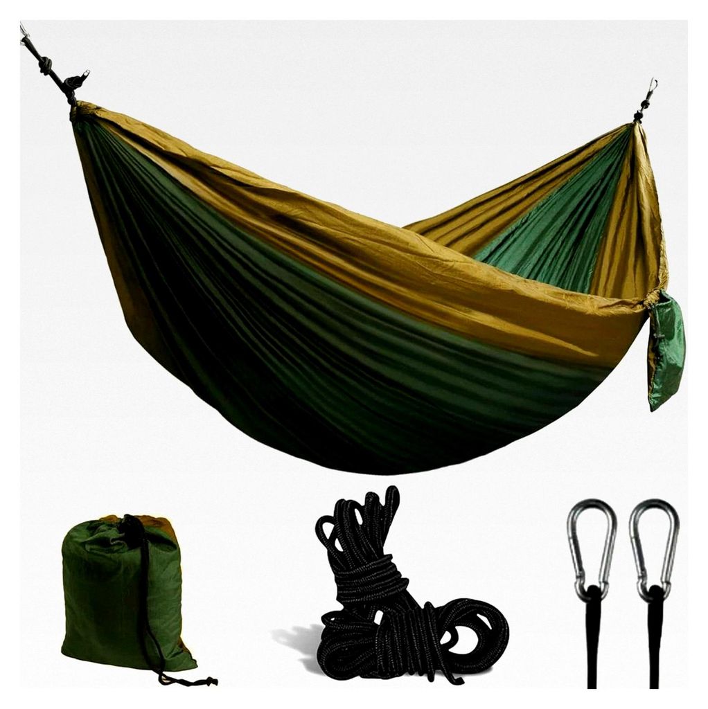 Hängematte Outdoor 300x200 cm aus Nylon Fallschirmseide bis 300 kg Ultra-Leicht XXL Camping für 2 Personen Schwarz-Orange