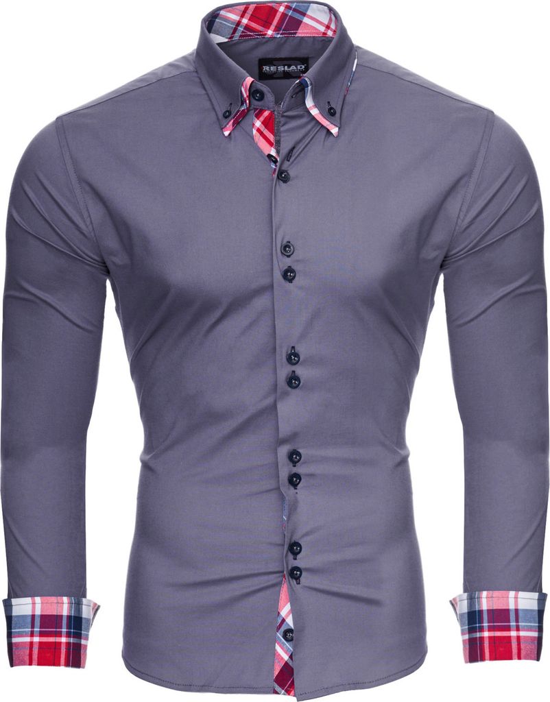 Reslad Herren Hemd Button-Down Slim Fit Kontrast Langarmhemd RS-7015 Anthrazit M
