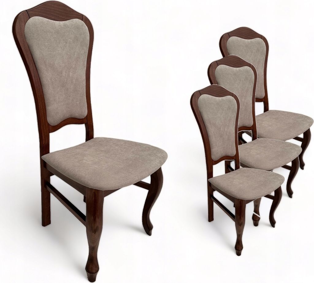4x Ludwik Polsterstuhl gebogene Beine Nussbaum Medium + Stoff Hellbeige