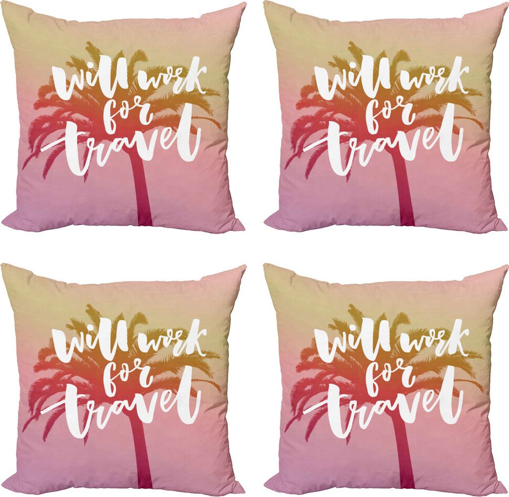 ABAKUHAUS Sprichwort Kissenbezug Set (4 Stück), Arbeitet für Reisen Palm, Moderner Doppelseitiger Digitaldruck, 60 cm x 60 cm, Mehrfarbig