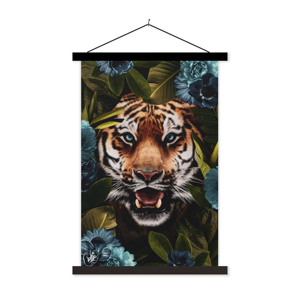MuchoWow Textilposter Tiger - Blätter - Blau 120x180 cm mit schwarzem Rahmen - Fotos