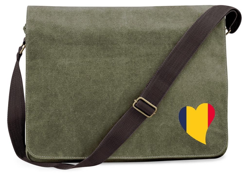 Huuraa Umhängetasche Tschad Flagge Herz 14 Liter Military Green Canvas Laptoptasche Geschenkidee