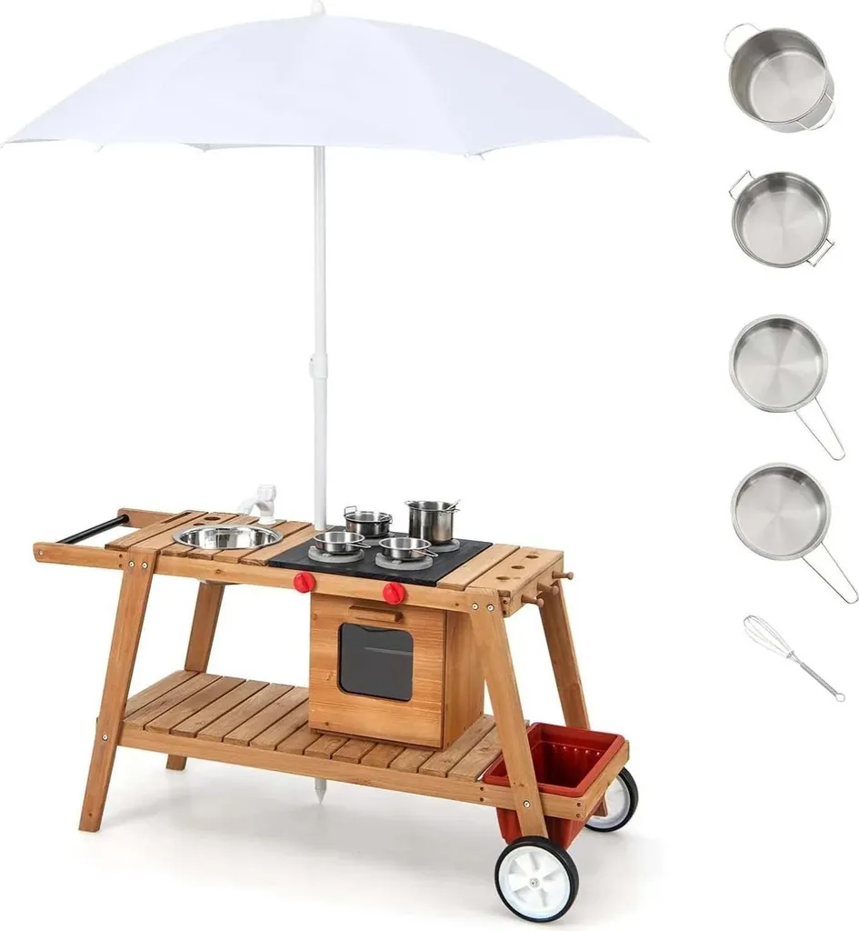 Cuisine bois pour enfant avec chariot mobile et parasol réglable