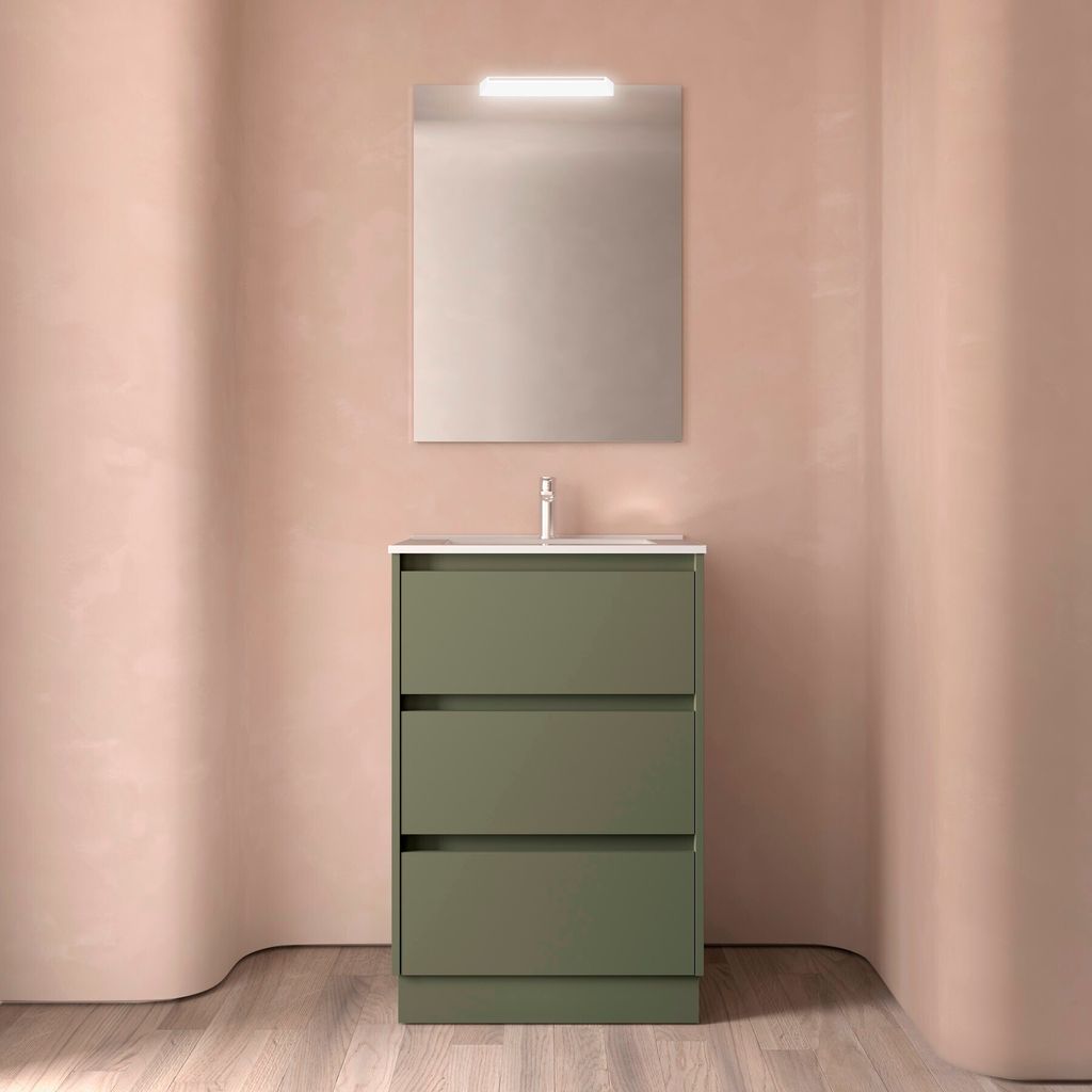 Noja Komplett-Set 600 3 Schubladen GREEN SATIN + Waschtisch + Spiegel + Leuchte