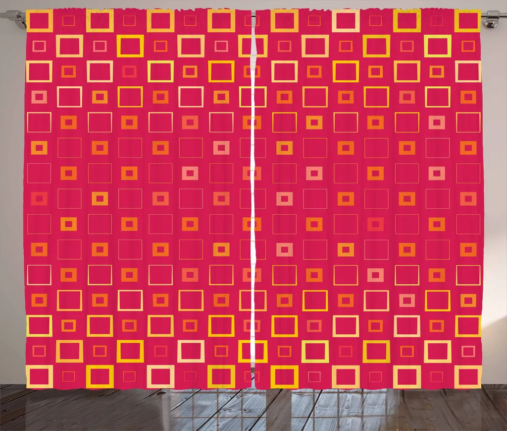 ABAKUHAUS Tenda geometrica rustica, Thin Bold Squares, tenda con passanti e ganci per camera da letto, 280 x 175 cm, magenta arancione