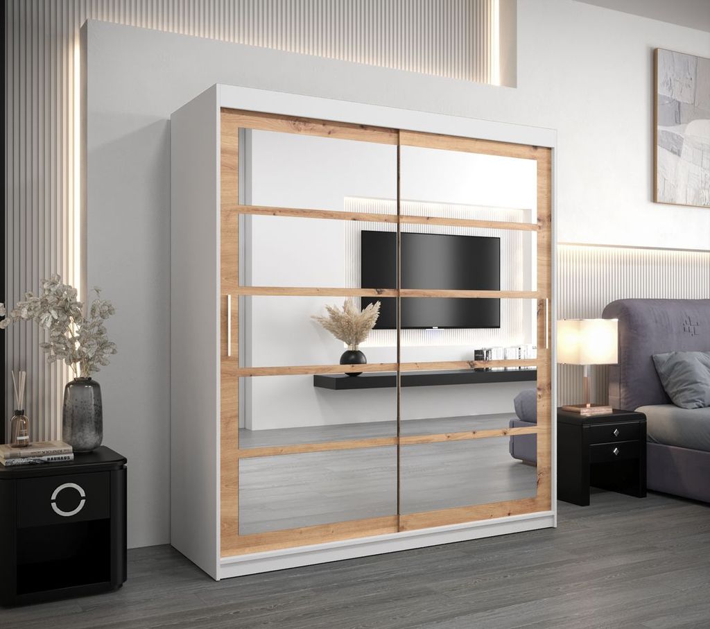 Kleiderschrank mit Schiebetüren DANIELA – Breite 180 cm, weiß/Eiche handwerklich.