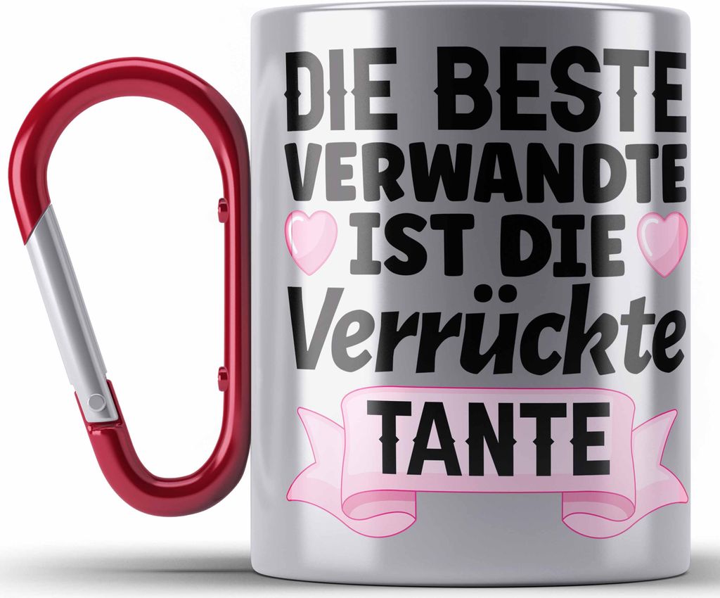 Trendation - Beste Tante der Welt Geschenk Edelstahl Tasse Karabiner mit Spruch für Tante Weihnachten Lieblings Verrückte Tante Coole Geschenkide...