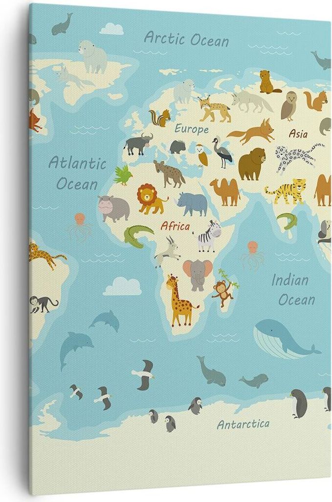 Bild auf Leinwand - Leinwandbild - Einteilig - Tiere die Welt Karte - 70x100cm - Wand Bild - Wanddeko - Wandbilder - Leinwanddruck - Wanddekoration...