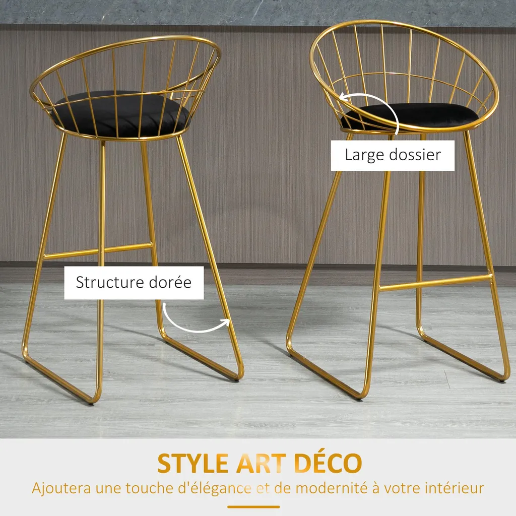 Tabouret de bar velours noir pied doré structure métal 97 cm lot de 2