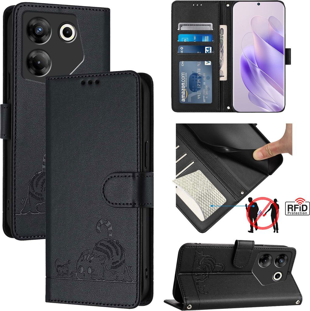 Leder Hülle für Tecno Camon 20 Pro 5G Süße Katze Flip Case Brieftasche Schutzhülle mit Standfunktion Schwarz