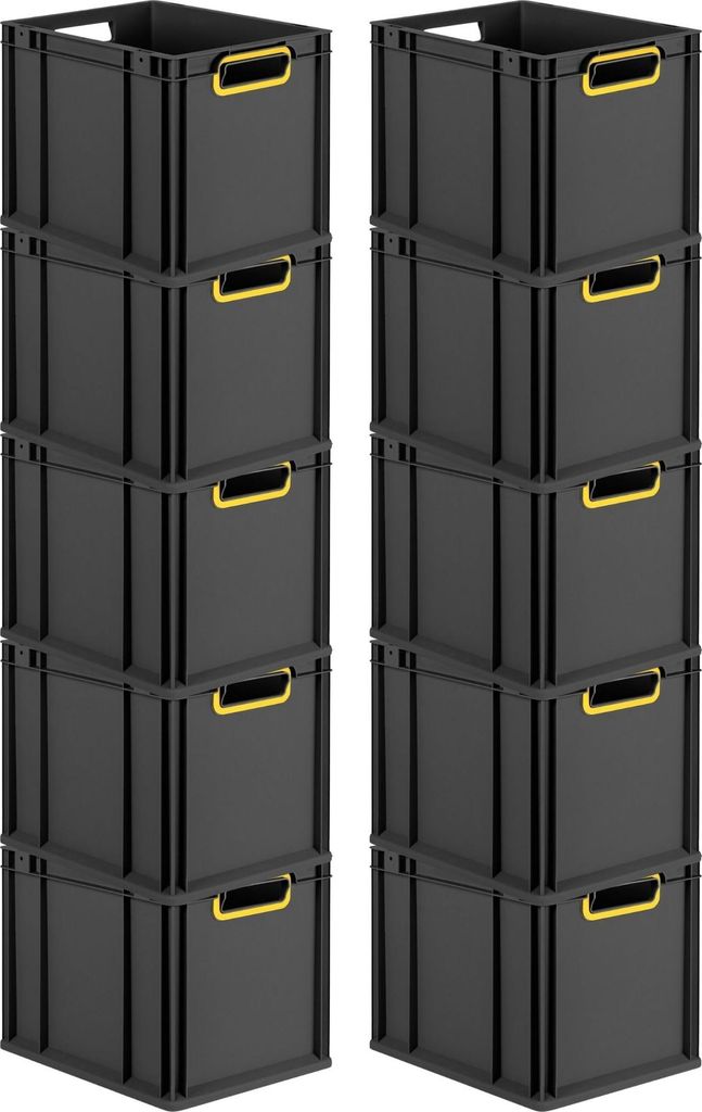 SparSet 10x Eurobox NextGen Color | HxBxT 32x30x40cm | 30 Liter | Griffe gelb offen | Schwarz | Eurobehälter, Transportbox, Transportbehälter, St...