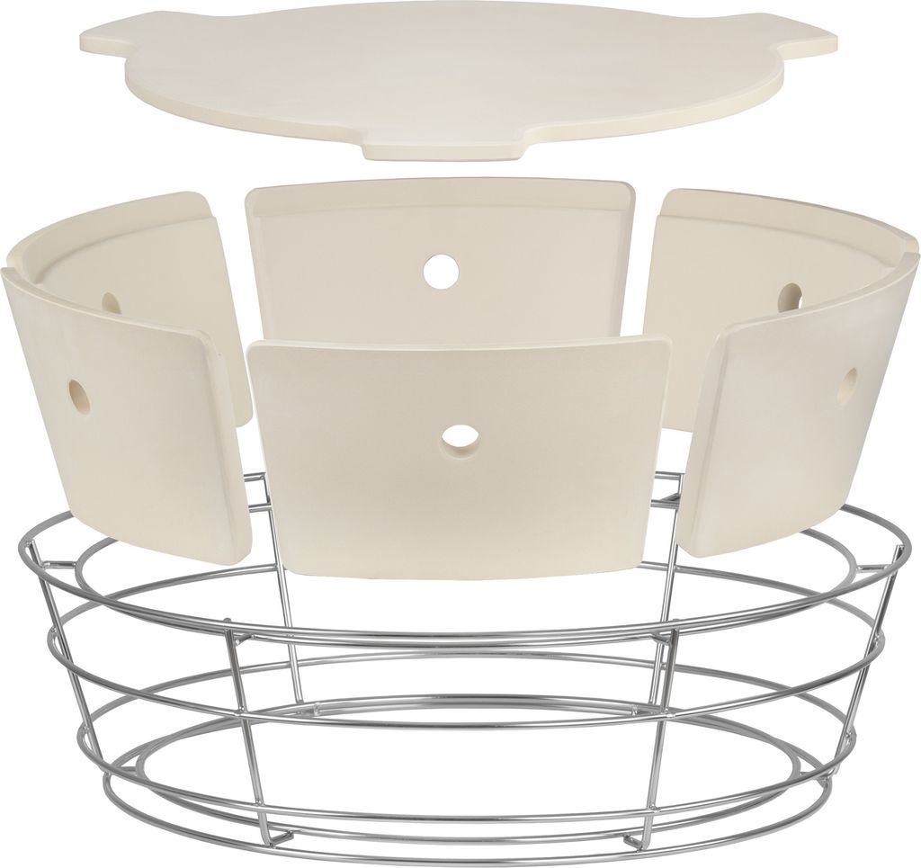 A disassembled ceramic cooking system for a kettle grill, shown with a wire rack.