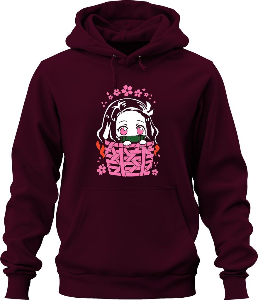 Nezuko Kimetsu No Yaiba Anime Kawaii Bambus Korb Sakura Geschenk Uni Hoodie Kapuzenpullover, Burgundy, 3XL