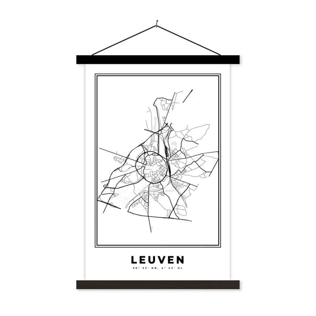 MuchoWow Textilposter Belgien - Leuven - Stadtplan - Karte - Schwarz und weiß - Grundriss 60x90 cm mit schwarzem Rahmen - Poster Wohnzimmer