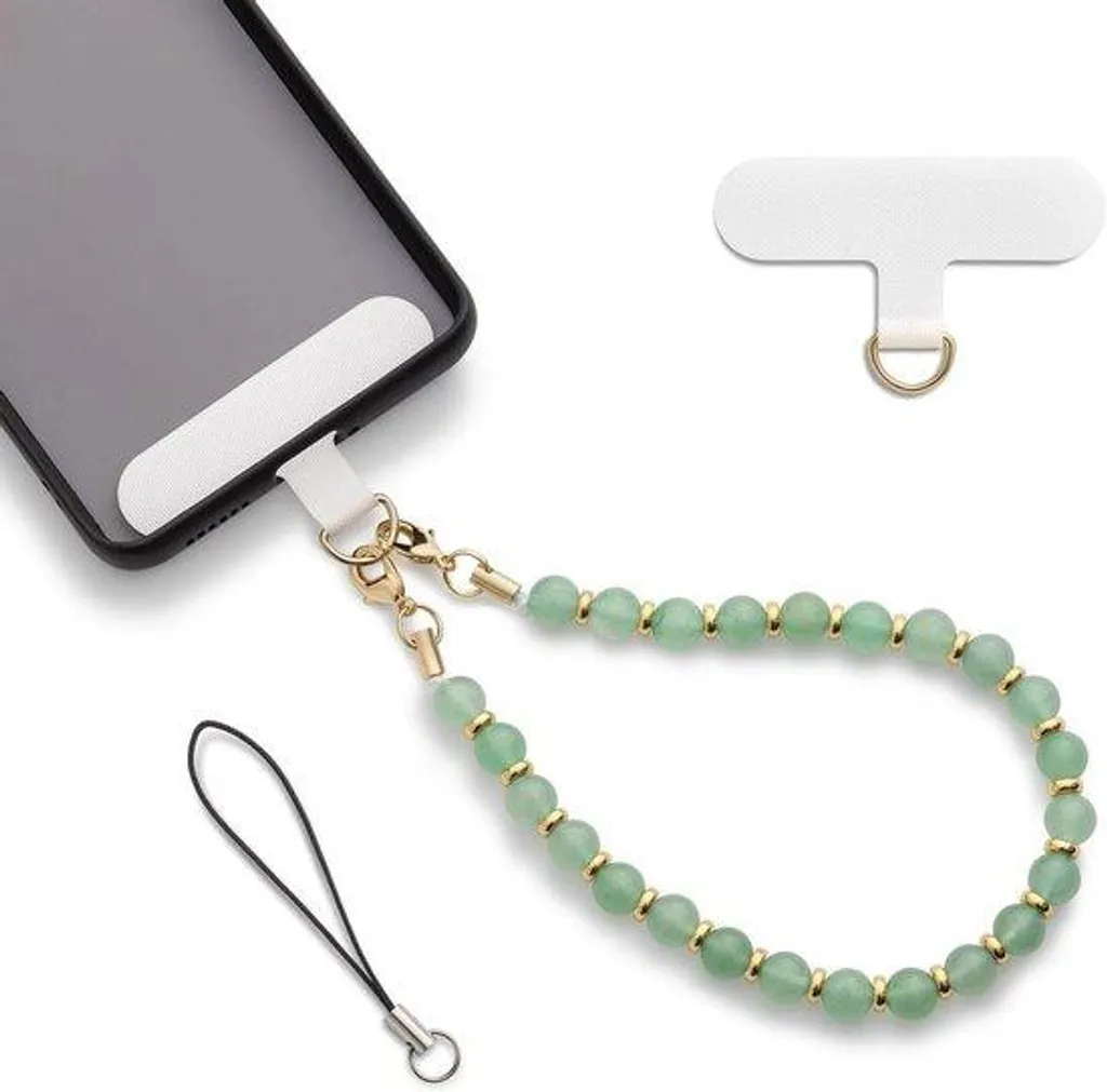 Dragonne bijou de téléphone en perles et bracelet vert amande chic