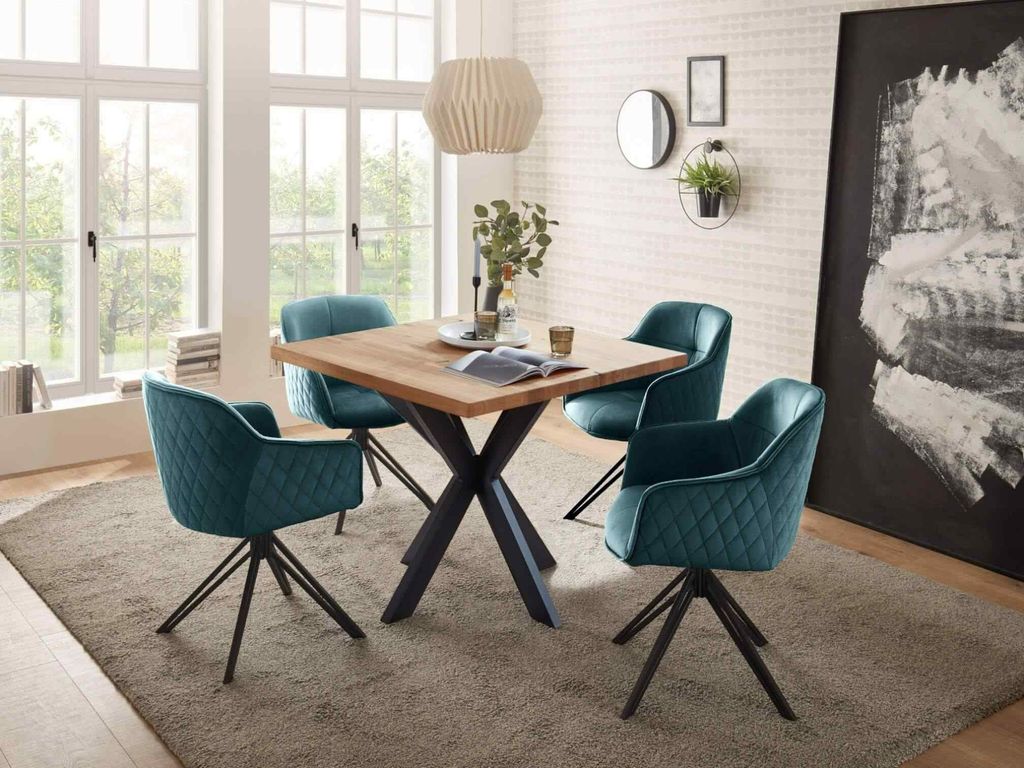 Essgruppe MIRI Eiche Massivholz, 4 Stühle in grün + Esstisch (BxHxT) 100x76x100 cm