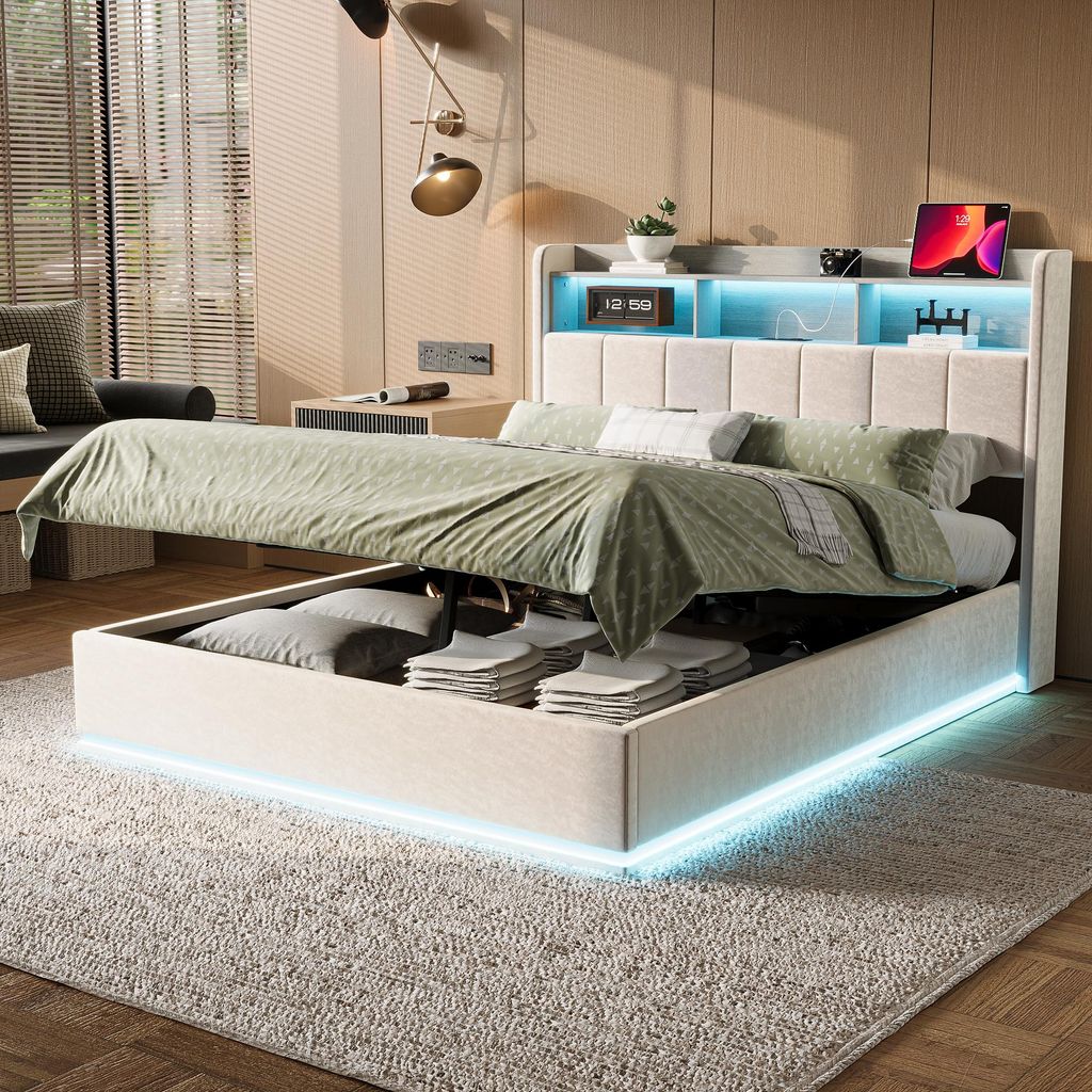 Fortuna Lai Polsterbett 140x200 cm, LED, USB, Stauraumbett mit Lattenrost, Jugendbett aus Samt, Beige