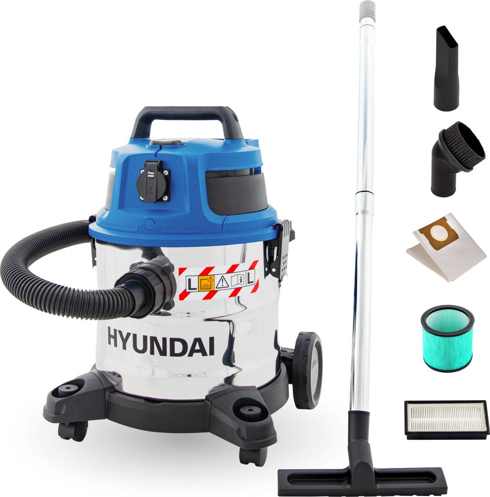 A wet/dry vacuum cleaner and its accessories are displayed against a white background.