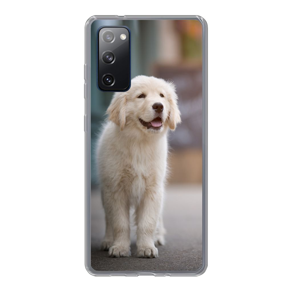 MuchoWow Handyhülle Schutzhülle Hülle für Samsung Galaxy S20 FE Ein Golden Retriever Welpe läuft auf dem Bürgersteig Silikon Softcase Handy...