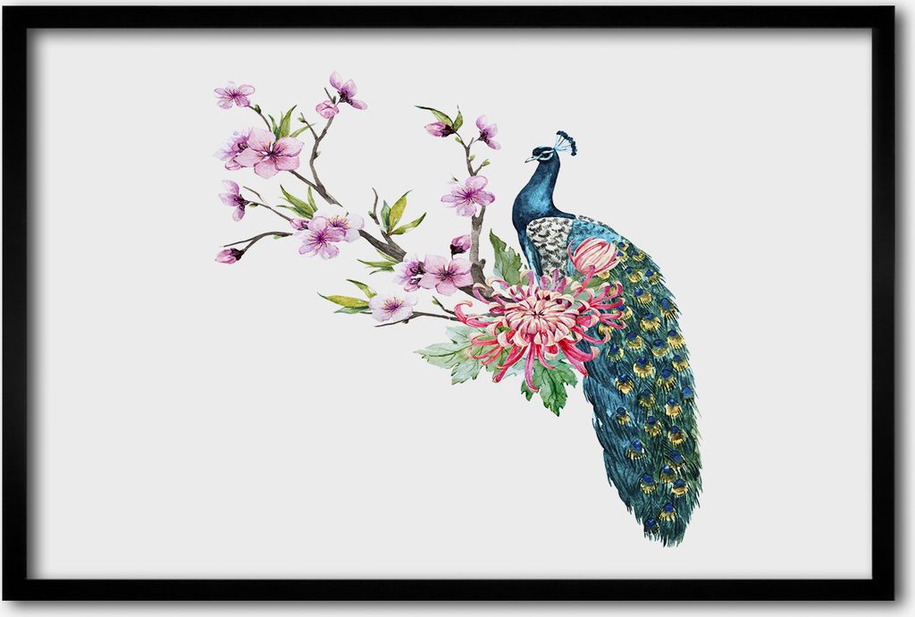 Bild 60x40 MDF-Rahmen, Wandkunst Pfau und Blumen