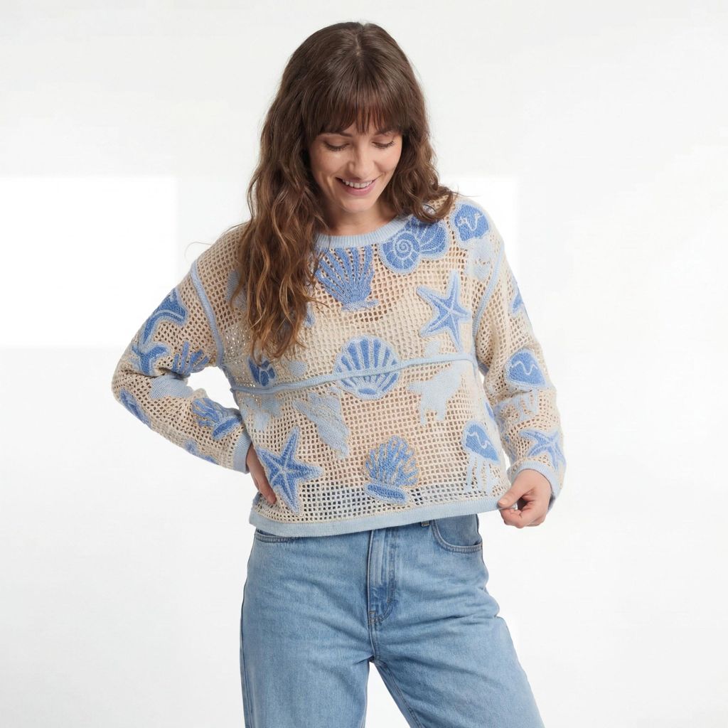 Sommer Shirt Strand Oberteil Cropped 36-40 Baumwoll Häkel Look Shirt für Damen