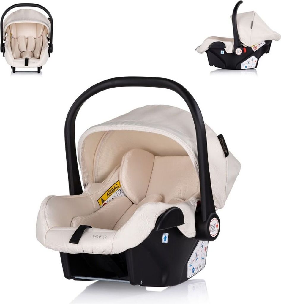 A cream and black baby car seat is shown from multiple angles against a white background.