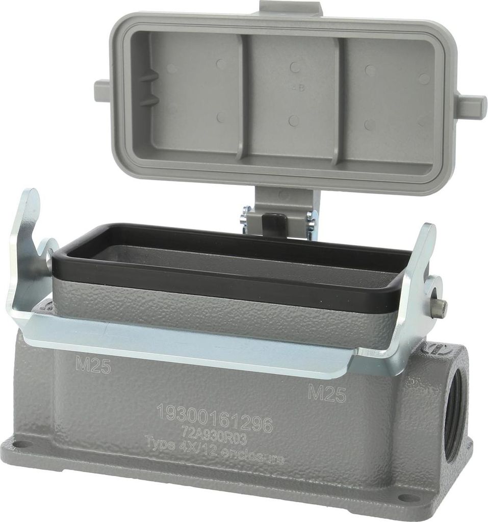 HARTING Han 16B Sockelgehäuse niedrig, 2xM25 seitlicher Kabelabgang, mit 1 Längsbügel mit Schutzkappe Kunststoff - 1