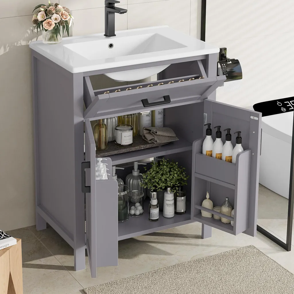 Meuble vasque gris 60cm avec rangement Sweiko pour salle de bains moderne