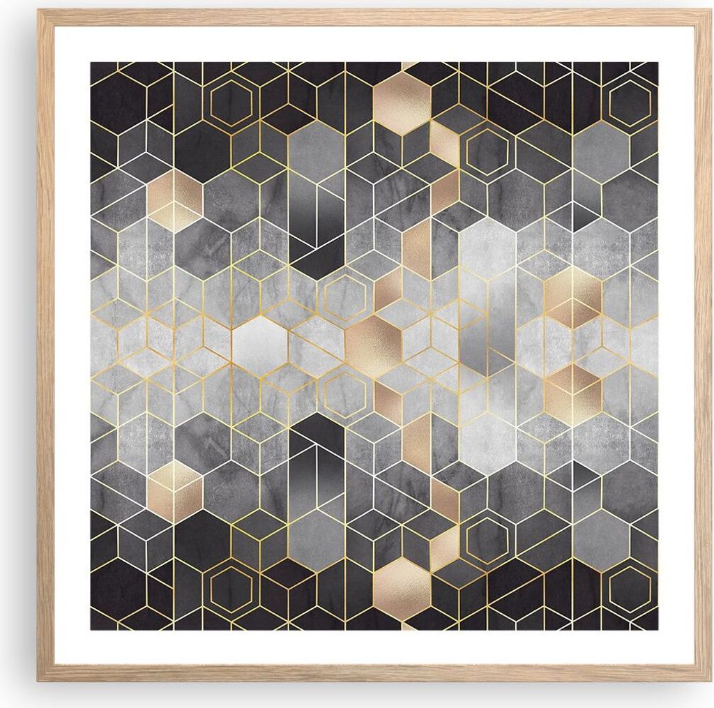 Gerahmtes Poster - Rahmen in heller Eiche - Geometrisch Abstraktion Sechsecke - 60x60 cm - Wand Bild - Wanddeko - Wandbilder - Kunstposter - Wandpo...