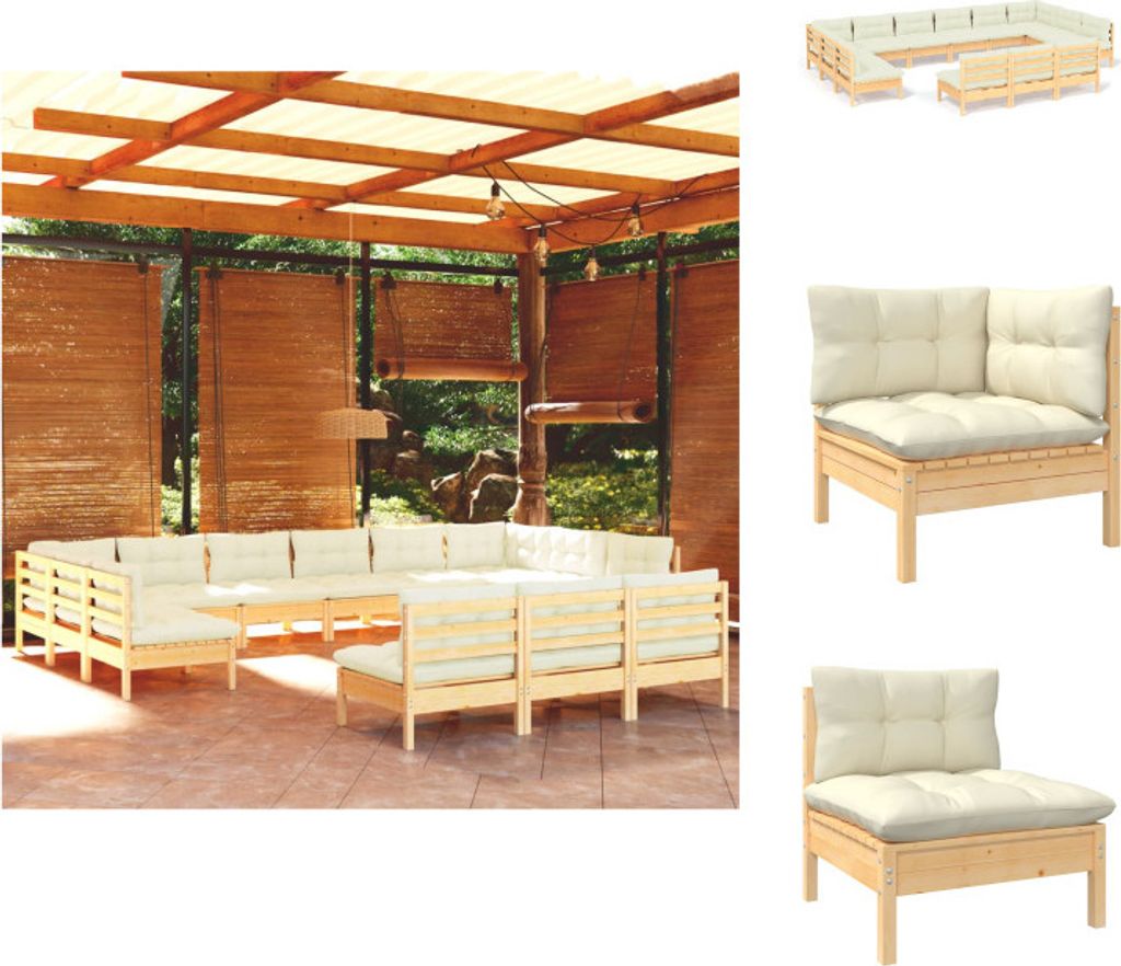 vidaXL 13-tlg. Garten-Lounge-Set mit Creme Kissen Massivholz Kiefer - Gartenmöbel-Sets