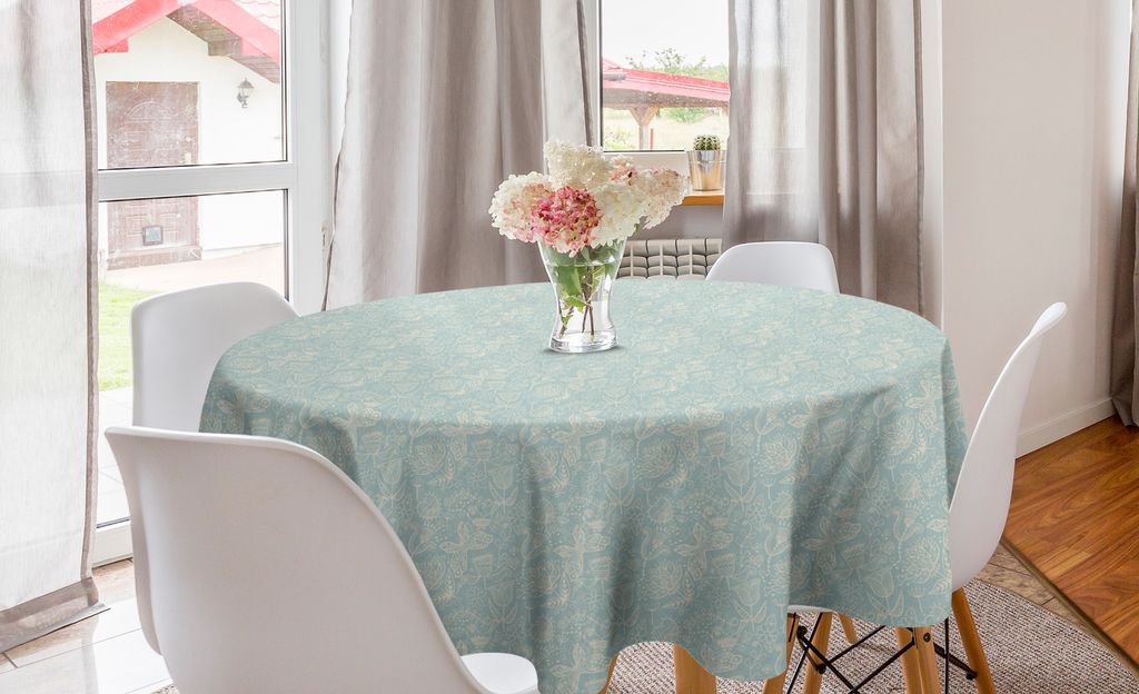 ABAKUHAUS Gekritzel Runde Tischdecke, heiter Natur, Kreis Tischdecke Abdeckung für Esszimmer Küche Dekoration, 150 cm, Hellblau und Beige