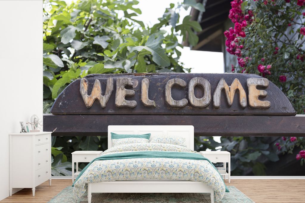 MuchoWow Fototapete für Wohnzimmer oder Schlafzimmer Wandtapete Vinyl Motivtapete Ein Willkommensschild - 450x300 cm - Gemusterte