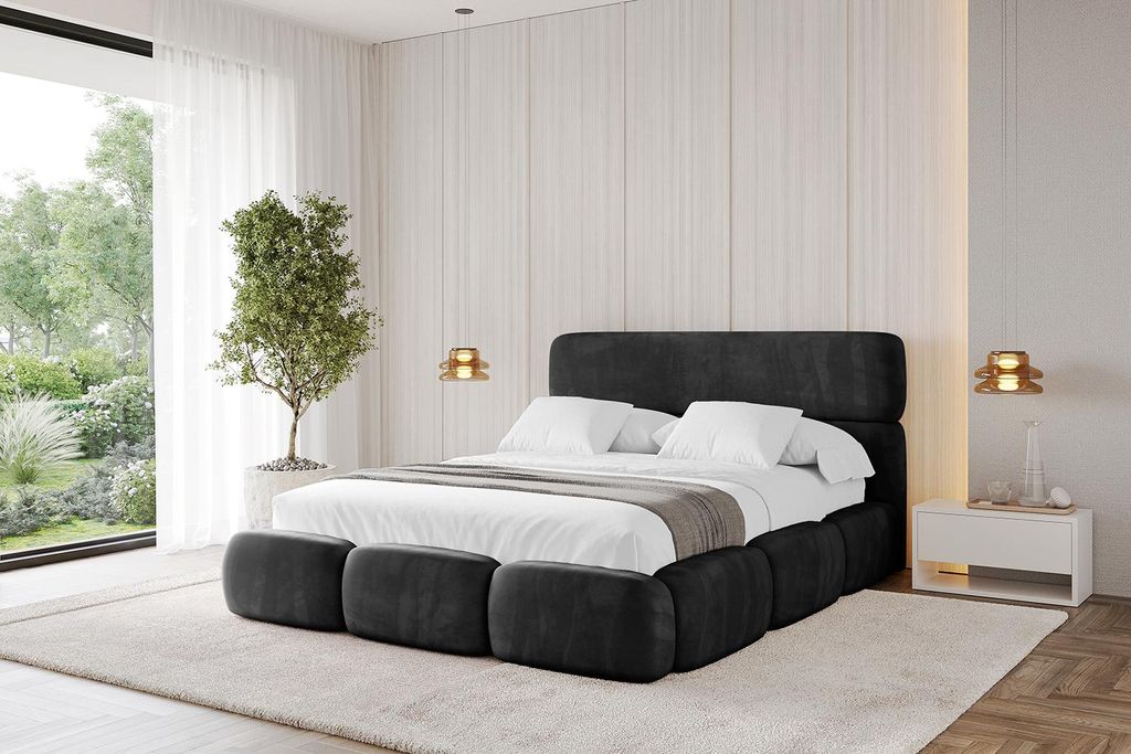 ALTDECOR Polsterbett mit Bettkasten - ELVA 140x200 Schwarz - Bett mit Matratze H3/H4, Kopfteil, Boxbett, Doppelbett mit Stauraum