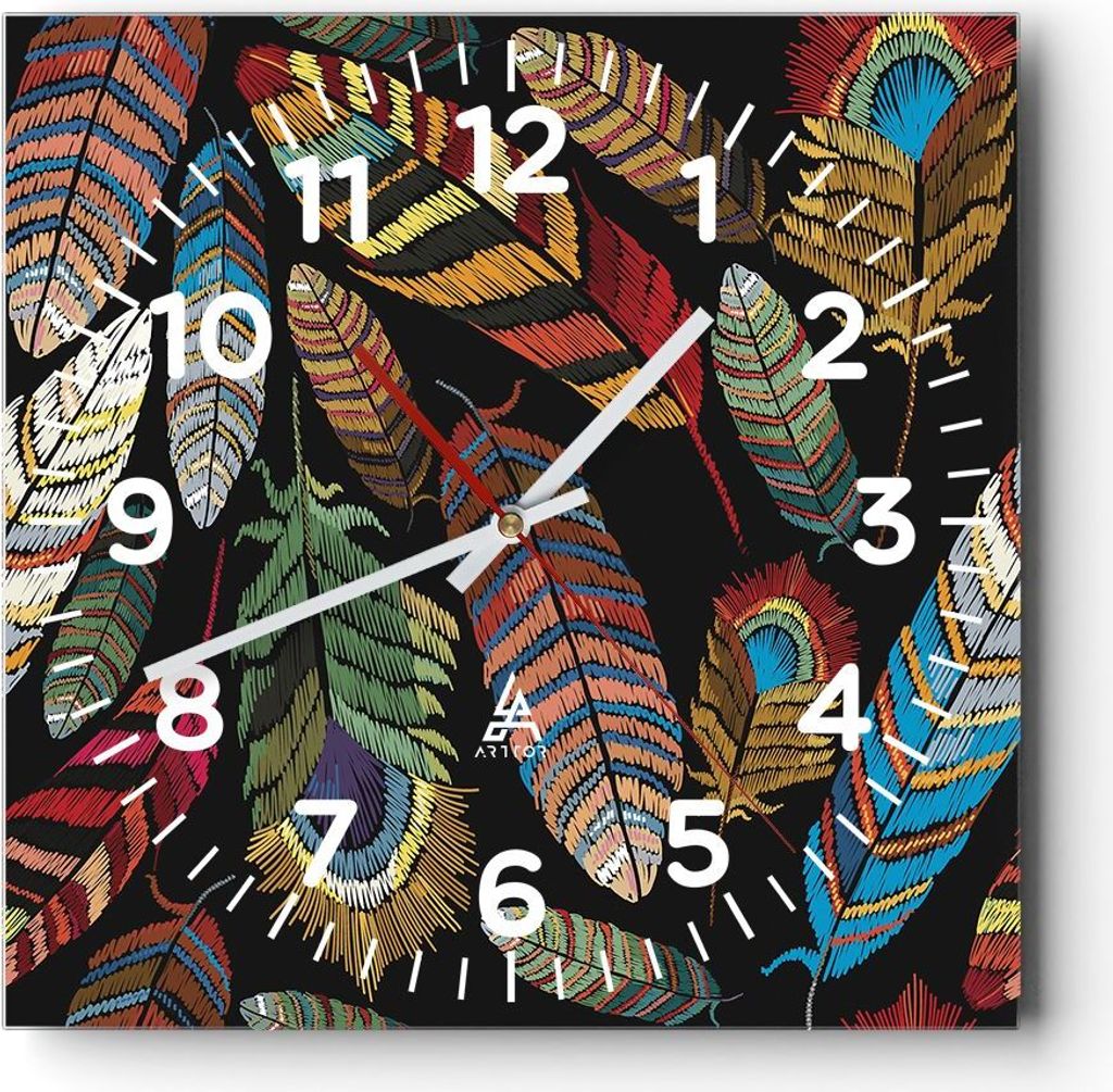 Wanduhr - Quadrat - Glasuhr - Federn Bunt Stickerei - 40x40cm - Schleichendes Uhrwerk - Lautlos - zum Aufhängen bereit - Dekoration Modern - Wandd...