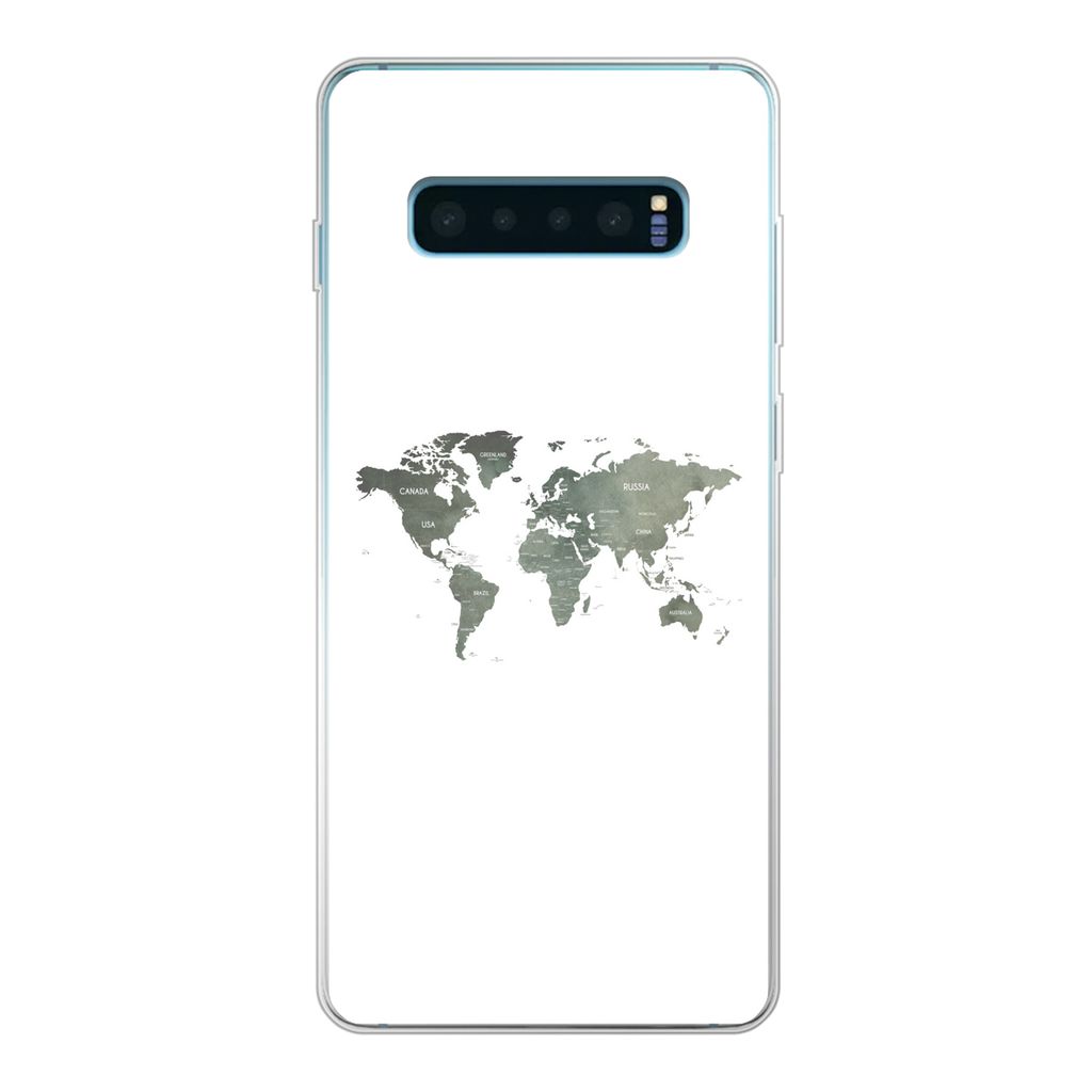 MuchoWow Handyhülle Schutzhülle Hülle für Samsung Galaxy S10 Plus Weltkarte - Grün - Weiß Silikon Softcase Handy Hülle - Schutzhülle