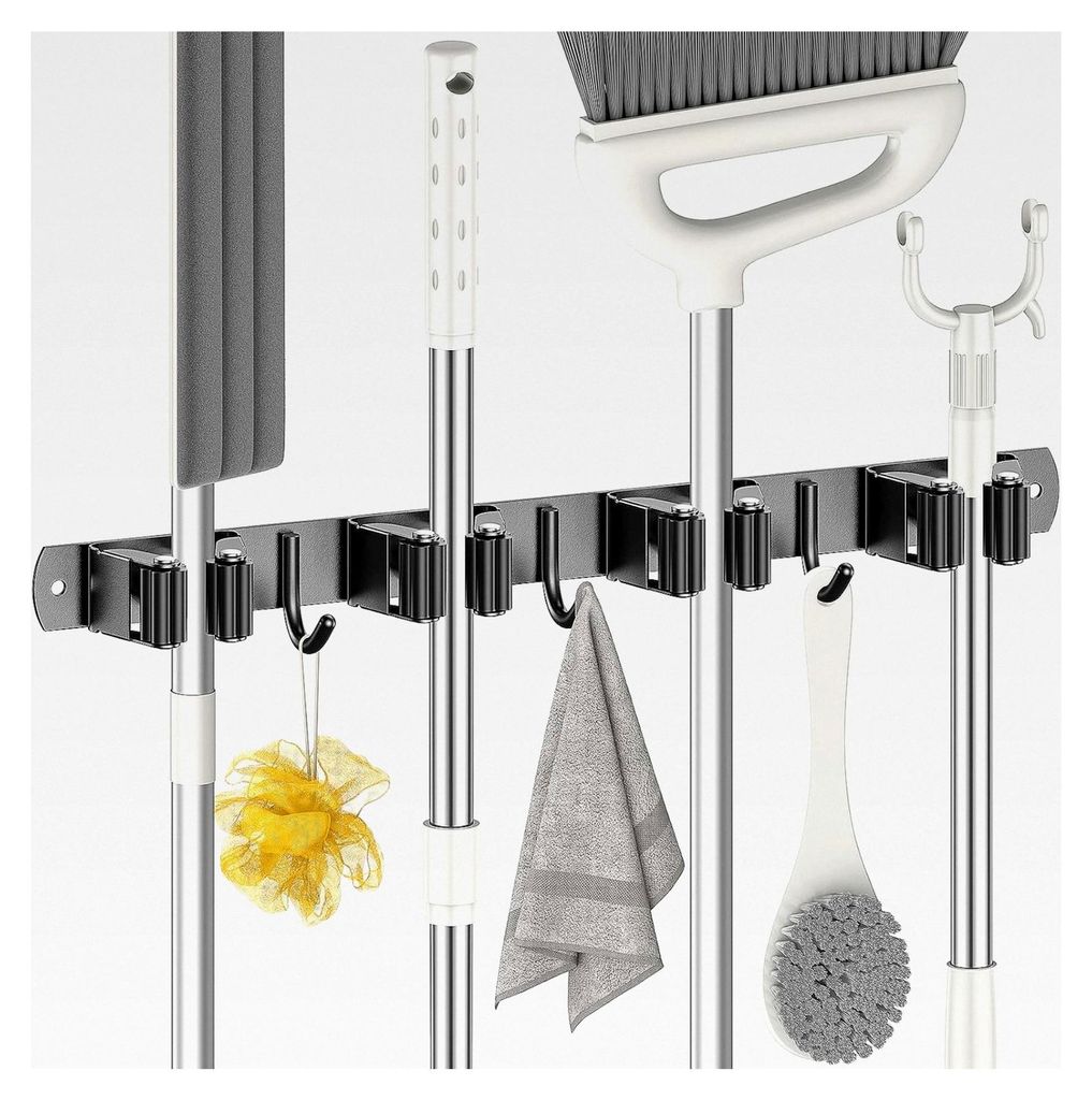 Wandbesenhalterung, Selbstklebender Besenhalter mit 4 Haltern und 3 Haken, Edelstahl Gerätehalter zum Schrauben, Halterung für Gartengeräte, Bes...