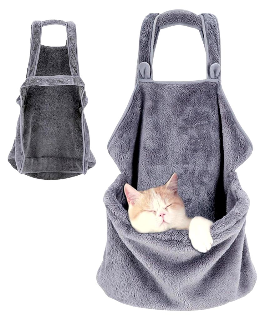 Katzentragetasche aus weichem Plüsch mit Schürze, warmer Beutel mit Kordelzug vorne, freihändige Transportbox für schlafende Katzen