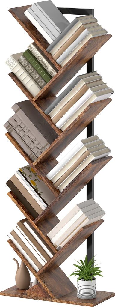 Bücherregal Standregal mit 9 Ebenen Schmal Regal im Baumform für Büro, Rustikal Braun