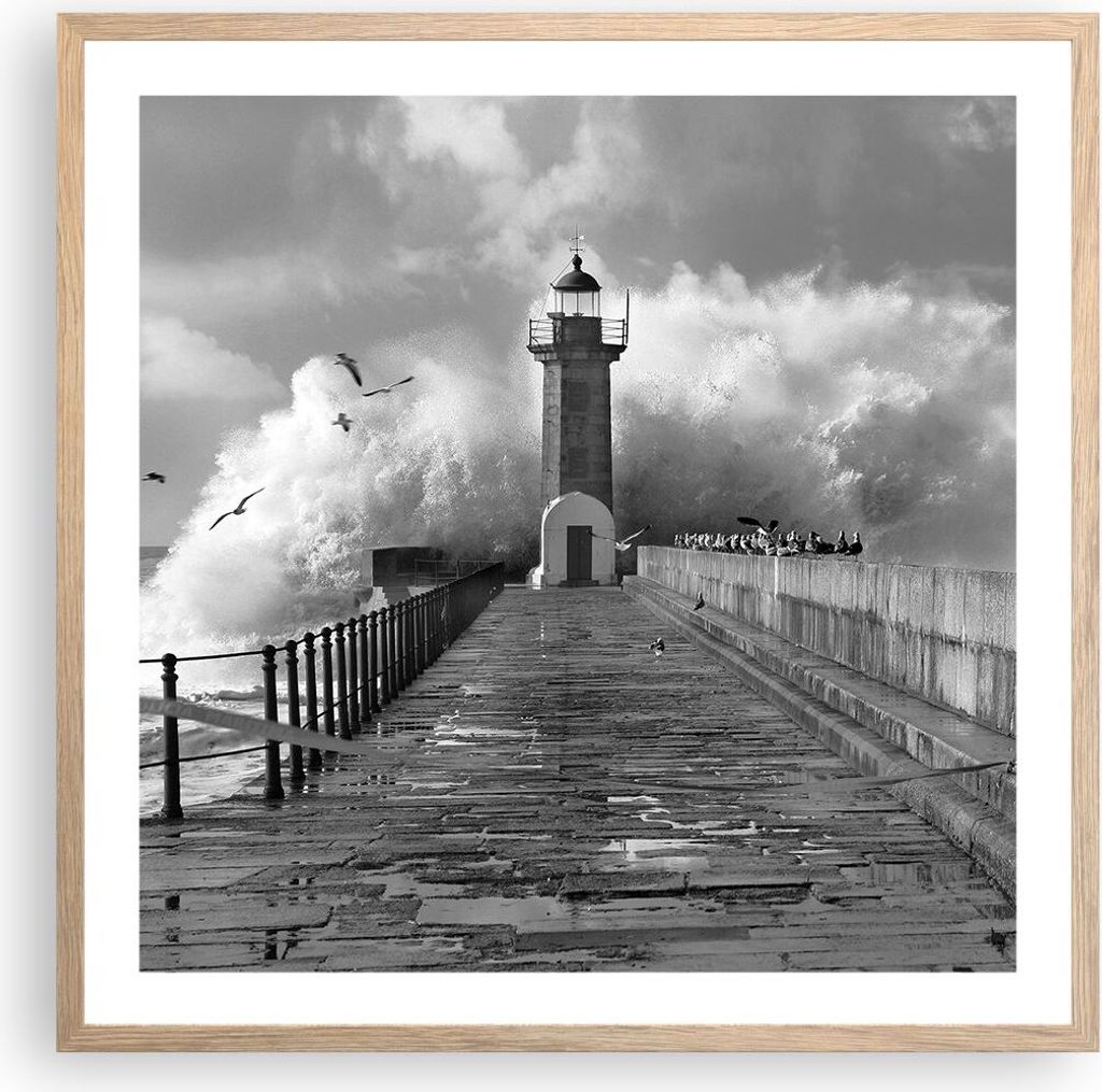 Gerahmtes Poster - Rahmen in heller Eiche - Laterne Meer Portugal - 60x60 cm - Wand Bild - Wanddeko - Wandbilder - Kunstposter - Wandposter - Bilde...