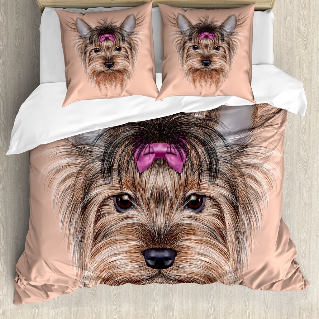 ABAKUHAUS Yorkie Bettbezug, realistische Tier, Milbensicher Allergiker geeignet mit Kissenbezügen, 200 cm x 200 cm - 80 x 80 cm, Salmon Pale Brown