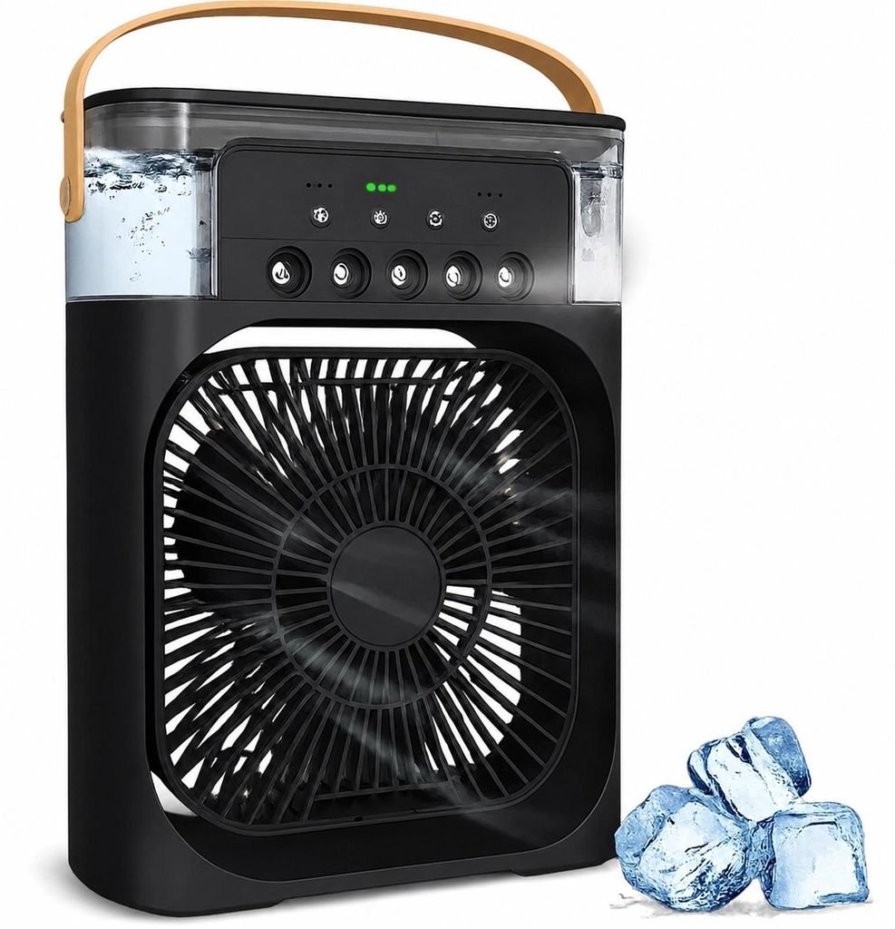 Mini Klimaanlage Luftkühler USB Luftbefeuchter Tischventilator 3in1 mit LED Timer Schwarz