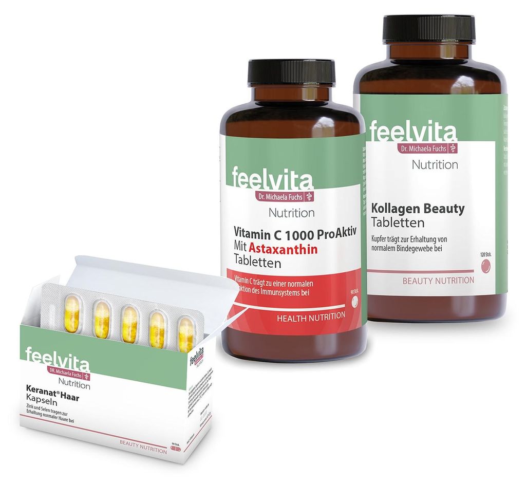 Genius Feelvita Nutrition Beauty & Vitamin Set 3-tlg.- 1x Kollagen Beauty Tabletten, 1x Keranat Haar Kapseln, 1x Vitamin C 1000
