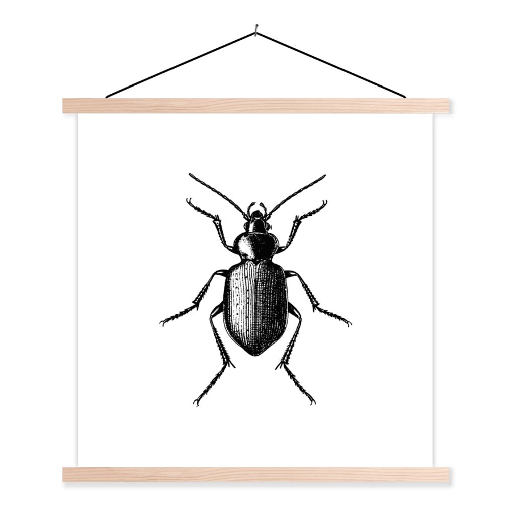MuchoWow Textilposter Käfer - Tiere - Vintage - Schwarz und weiß 120x120 cm mit holzfarbenen Rahmen - Textil-Poster