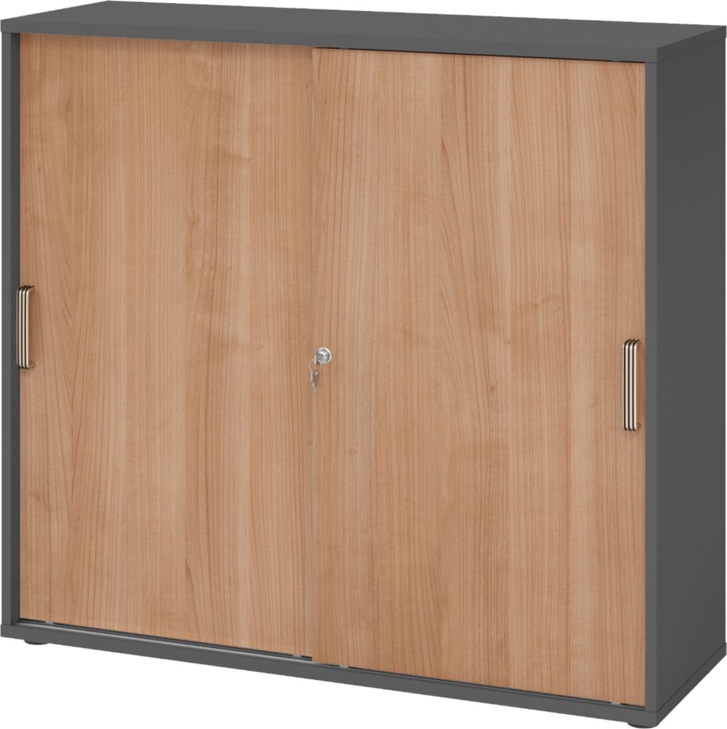 bümö Schiebetürenschrank office - 3 Ordnerhöhen - Griff: Streifengriff (Kunststoff), Nachbildung: Graphit/Nussbaum