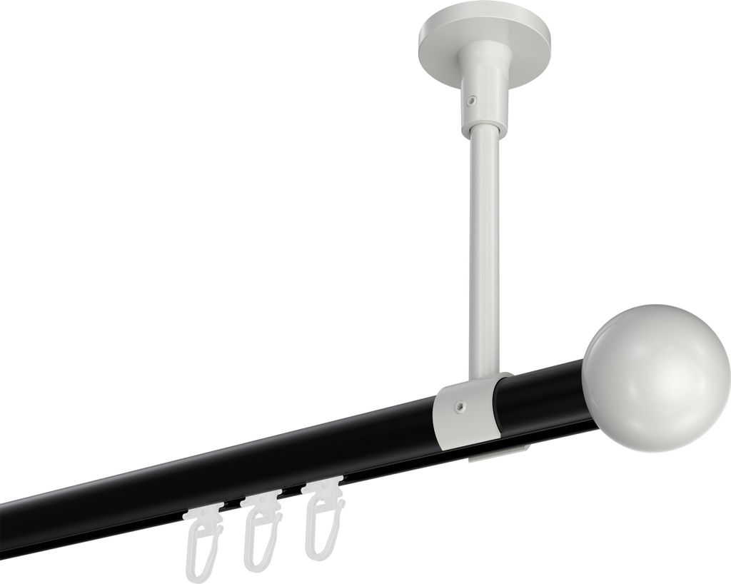 Interdeco Innenlaufstange / Gardinenstange mit Innenlauf Schwarz / Weiß, Typ Sonette Luino (Kugel) Deckenmontage, 20 mm Ø 1-läufig, 400 cm